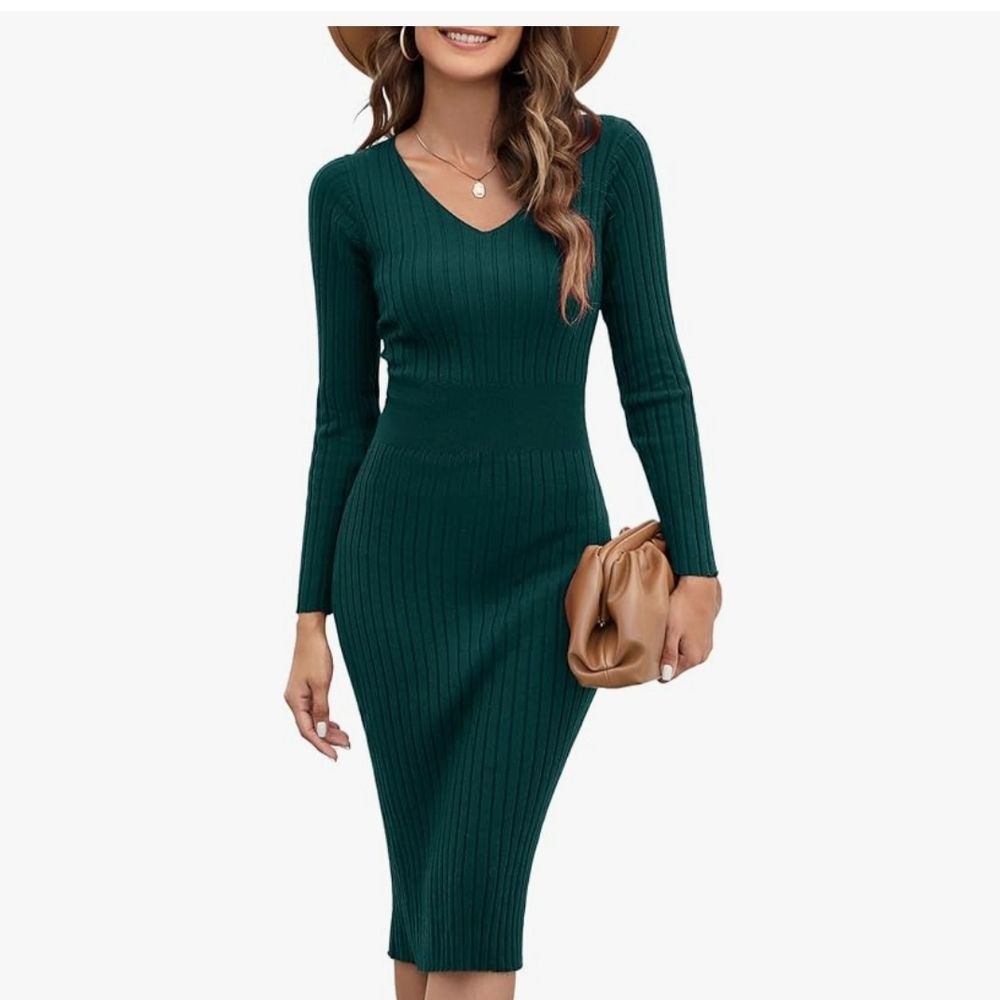 V-Neck Ribbed Long Sleeve Midi Dress in Deep Green
